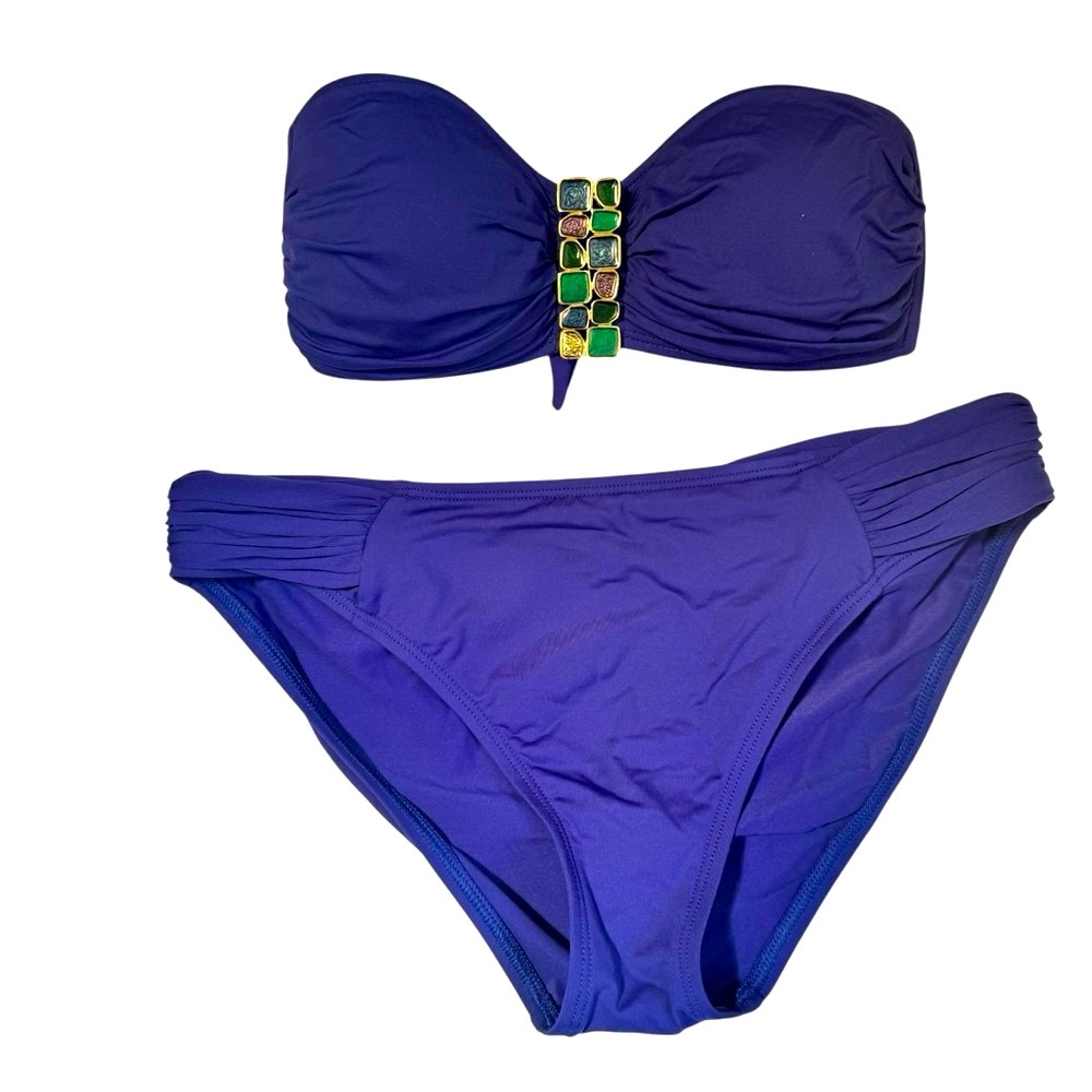 La Blanca Jewel Gem Bandeau Top Bra High Rise Bikini Swimsuit Ruched Tie Back 10